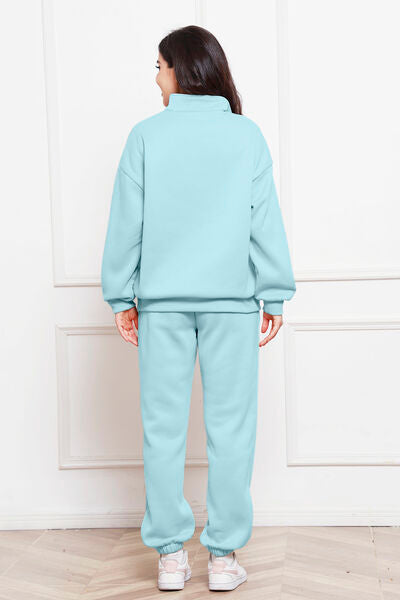 Half Zip Long Sleeve Sweatshirt and Pants Set - AFFORDABLE MARKET