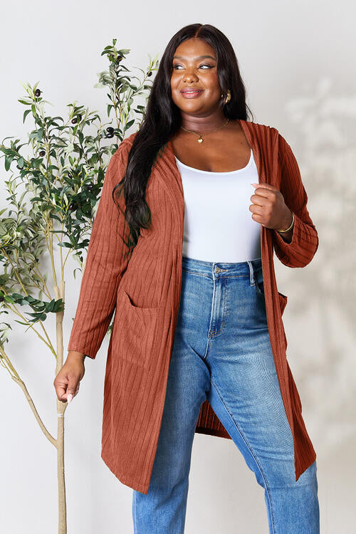 Basic Bae Full Size Ribbed Open Front Long Sleeve Cardigan - AFFORDABLE MARKET