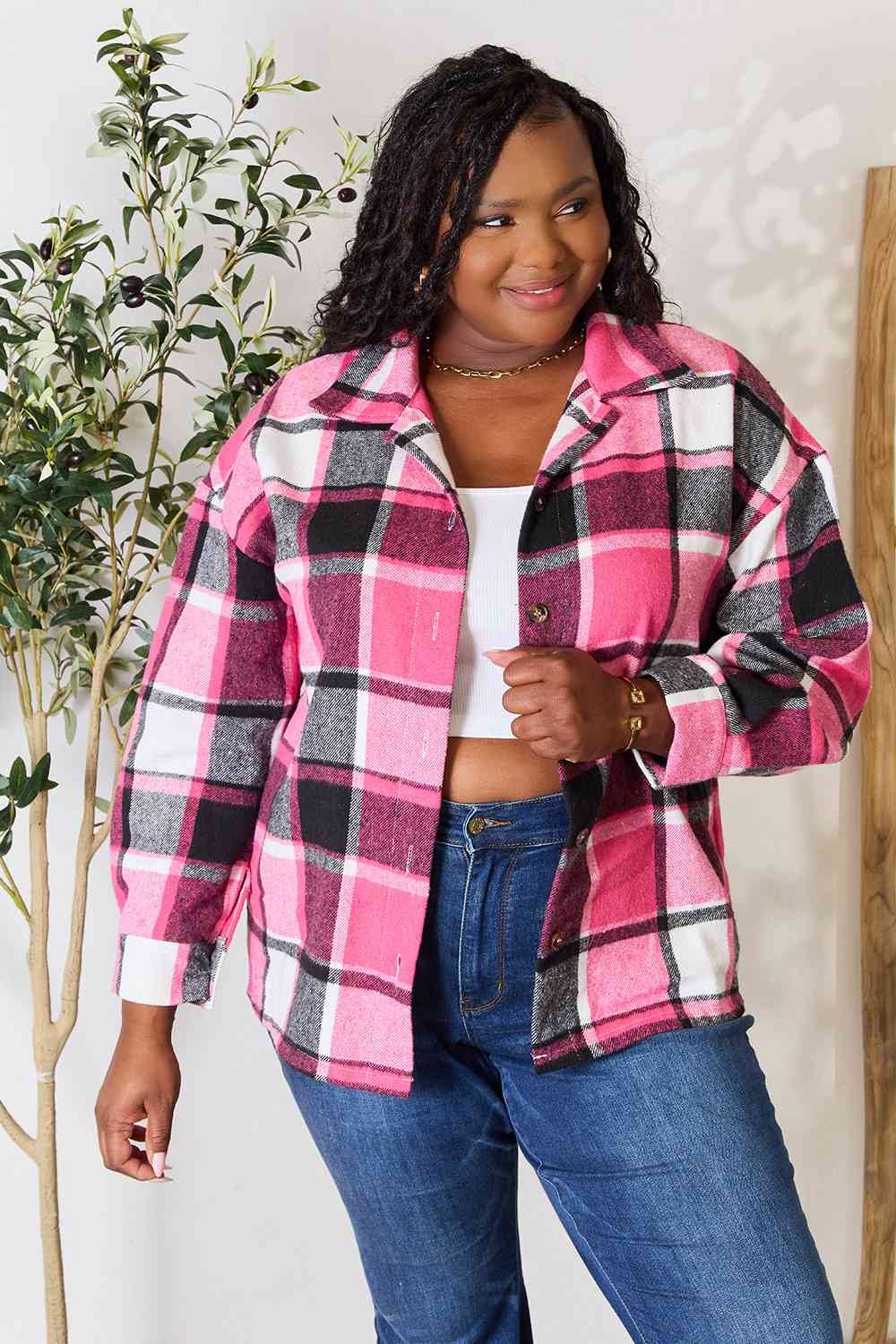 Double Take Plaid Button Up Collared Neck Jacket - AFFORDABLE MARKET