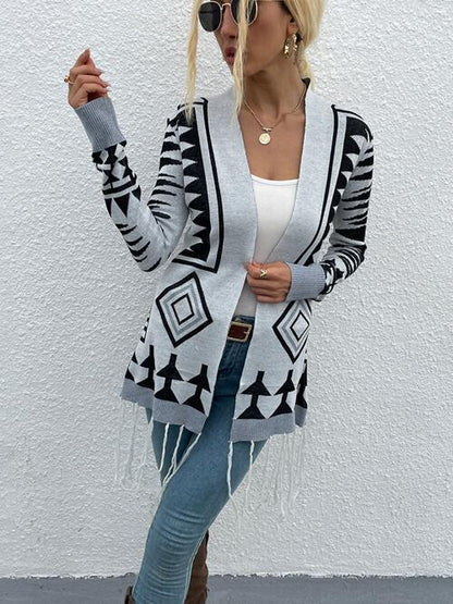 Geometric Fringe Hem Open Front Cardigan - AFFORDABLE MARKET