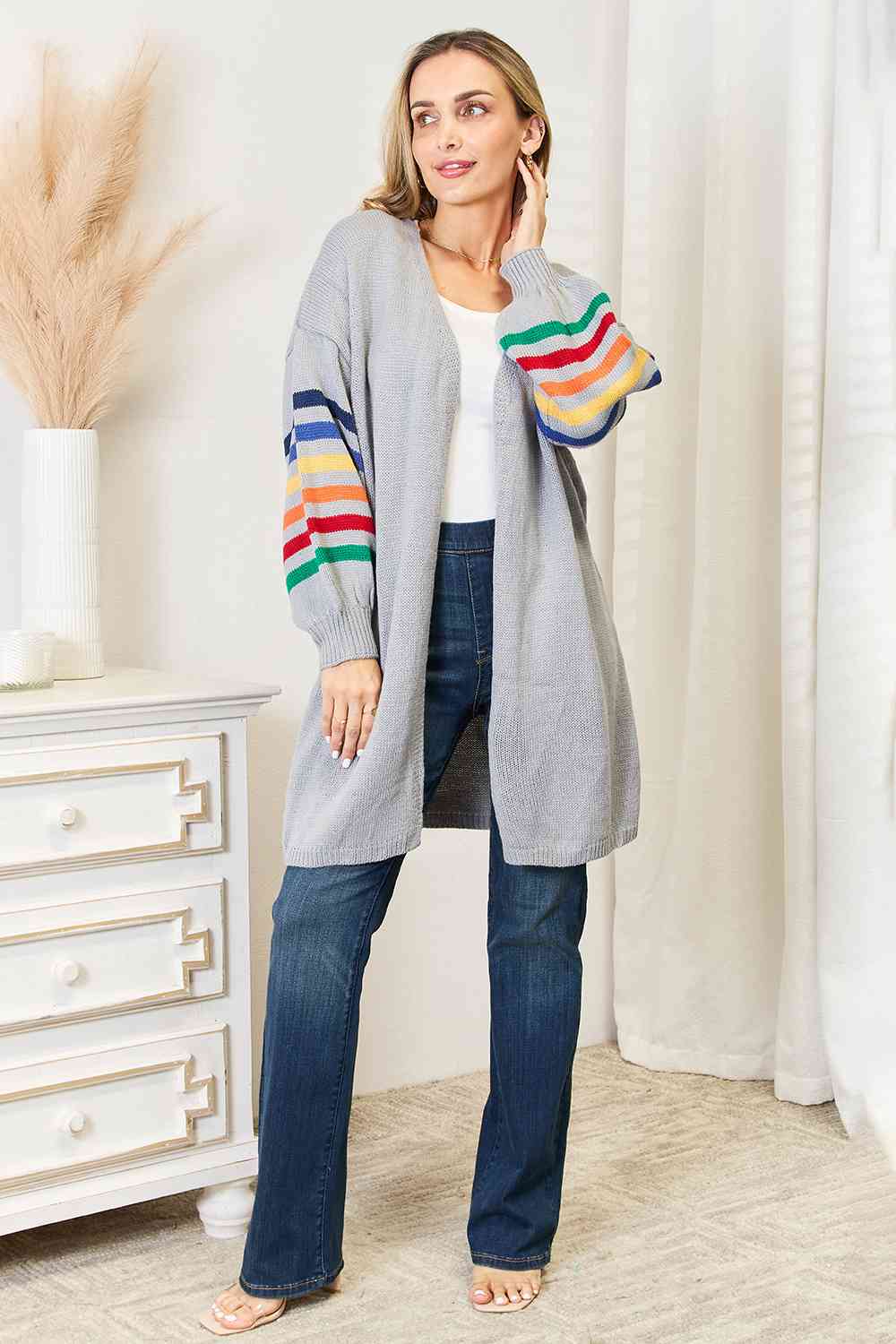 Double Take Multicolored Stripe Open Front Longline Cardigan - AFFORDABLE MARKET