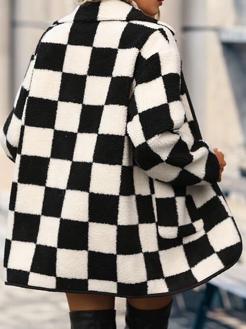 Double Take Full Size Checkered Button Front Coat with Pockets - AFFORDABLE MARKET