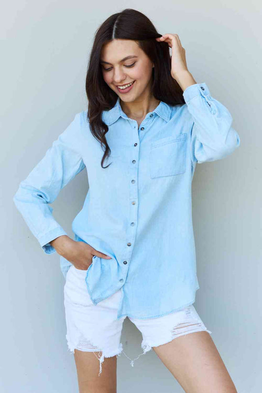 Doublju Blue Jean Baby Denim Button Down Shirt Top in Light Blue - AFFORDABLE MARKET