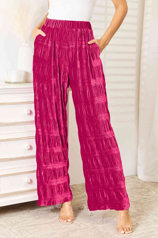 Double Take Full Size High Waist Tiered Shirring Velvet Wide Leg Pants - AFFORDABLE MARKET