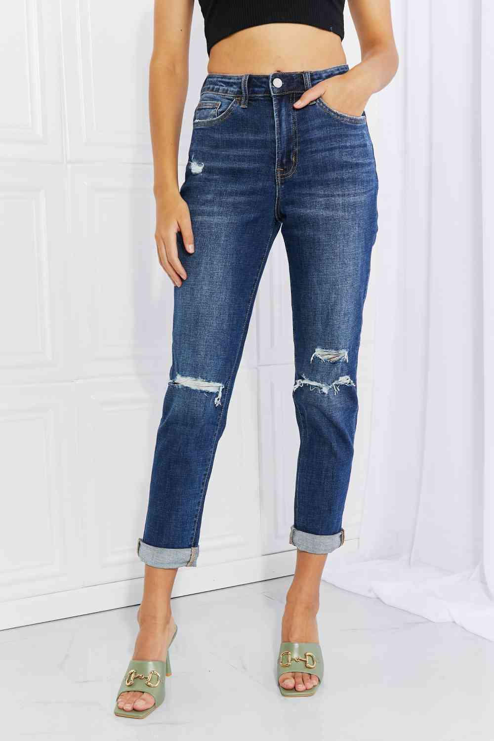 Vervet by Flying Monkey Full Size Distressed Cropped Jeans with Pockets - AFFORDABLE MARKET