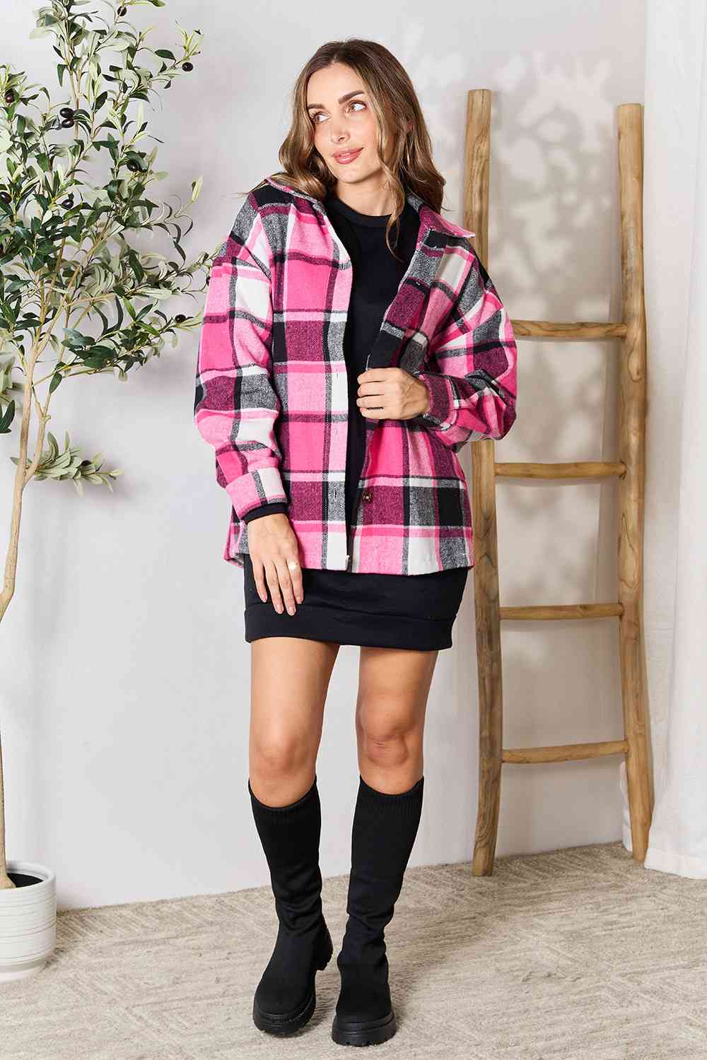 Double Take Plaid Button Up Collared Neck Jacket - AFFORDABLE MARKET