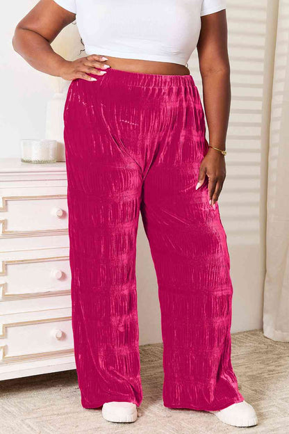 Double Take Full Size High Waist Tiered Shirring Velvet Wide Leg Pants - AFFORDABLE MARKET