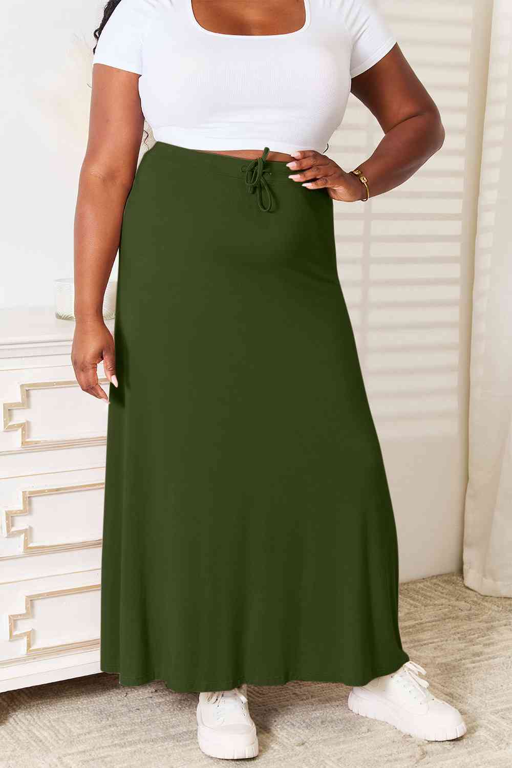 Double Take Full Size Soft Rayon Drawstring Waist Maxi Skirt Rayon - AFFORDABLE MARKET