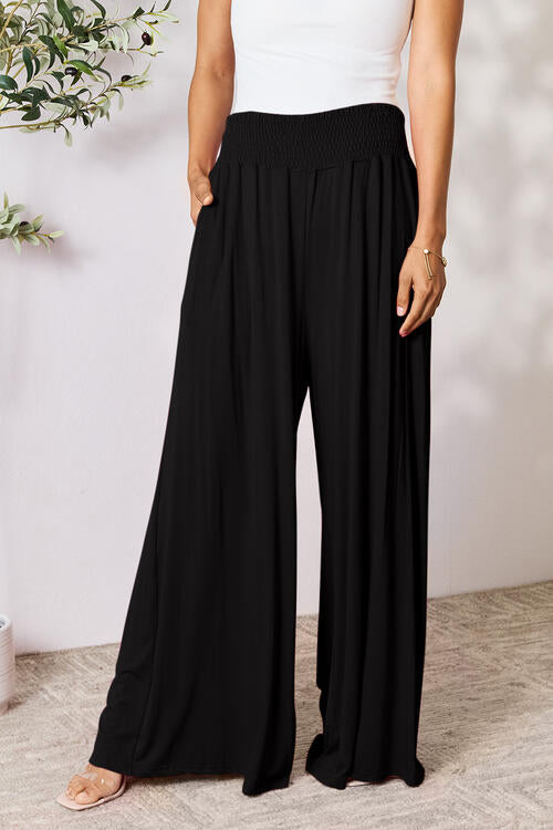 Double Take Full Size Smocked Wide Waistband Wide Leg Pants - AFFORDABLE MARKET