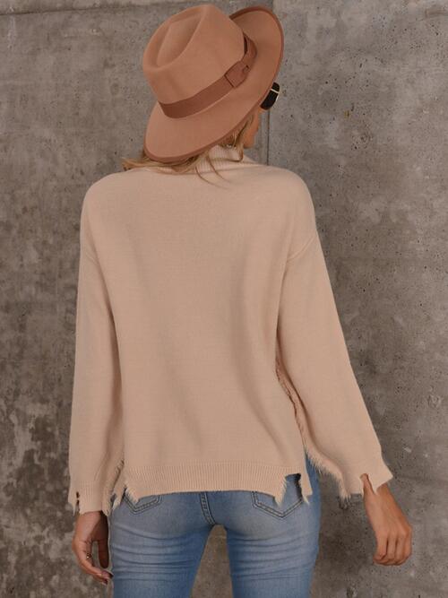 Raw Hem V-Neck Long Sleeve Knit Top - AFFORDABLE MARKET