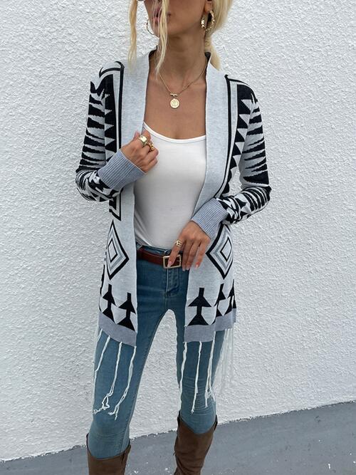 Geometric Fringe Hem Open Front Cardigan - AFFORDABLE MARKET