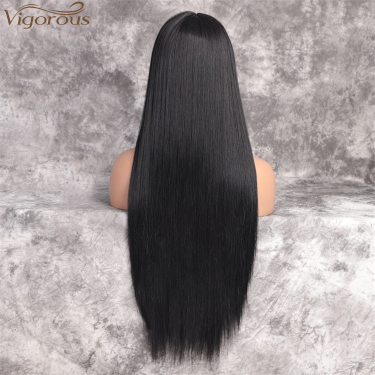 Vigorous Long Straight Black Wig Lace Heat Resistant Synthetic Wig With Bangs Natural Hair Wig for Black Women - AFFORDABLE MARKET