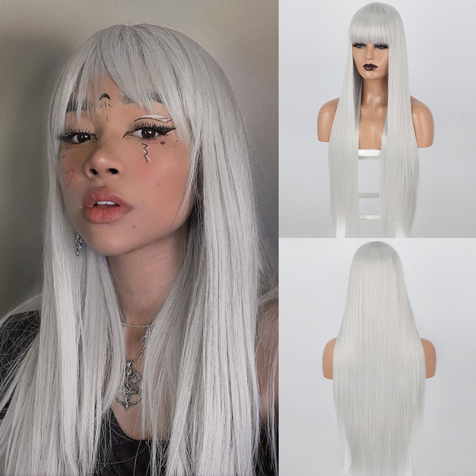 Vigorous Long Straight Black Wig Lace Heat Resistant Synthetic Wig With Bangs Natural Hair Wig for Black Women - AFFORDABLE MARKET