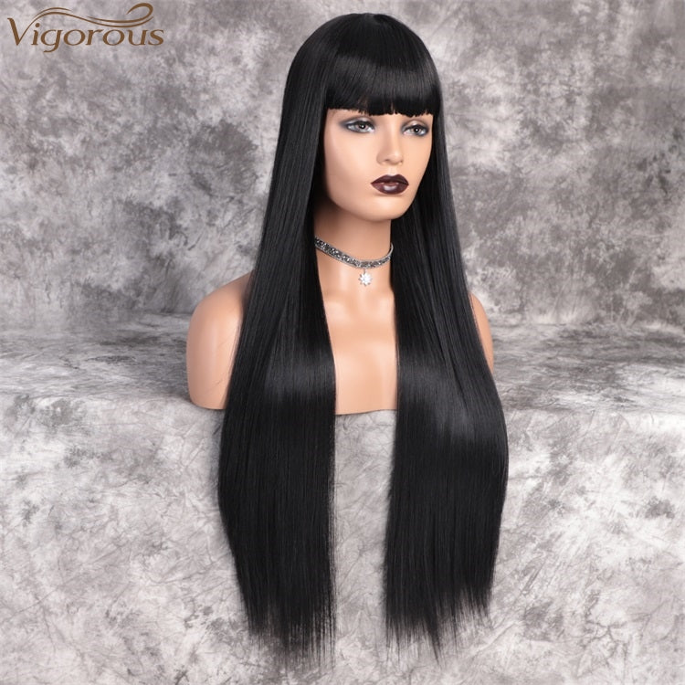 Vigorous Long Straight Black Wig Lace Heat Resistant Synthetic Wig With Bangs Natural Hair Wig for Black Women - AFFORDABLE MARKET