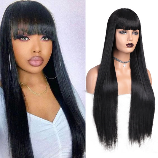 Vigorous Long Straight Black Wig Lace Heat Resistant Synthetic Wig With Bangs Natural Hair Wig for Black Women - AFFORDABLE MARKET