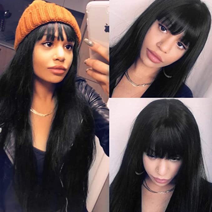 Vigorous Long Straight Black Wig Lace Heat Resistant Synthetic Wig With Bangs Natural Hair Wig for Black Women - AFFORDABLE MARKET