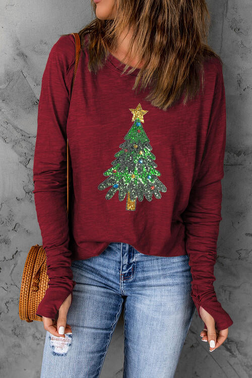 Sequin Christmas Tree Long Sleeve T-Shirt - AFFORDABLE MARKET