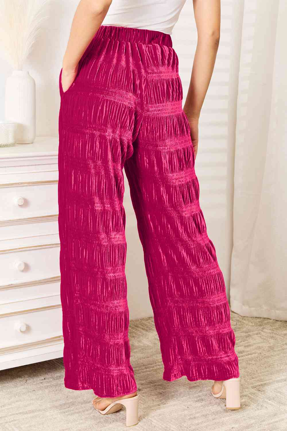 Double Take Full Size High Waist Tiered Shirring Velvet Wide Leg Pants - AFFORDABLE MARKET