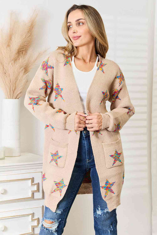 Double Take Star Pattern Open Front Longline Cardigan - AFFORDABLE MARKET