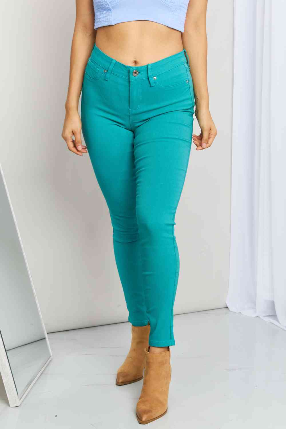 YMI Jeanswear Kate Hyper-Stretch Full Size Mid-Rise Skinny Jeans in Sea Green - AFFORDABLE MARKET