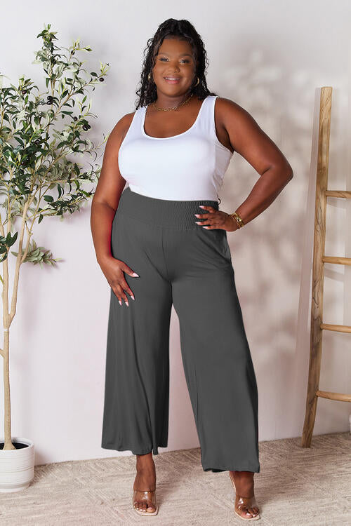 Double Take Full Size Smocked Wide Waistband Wide Leg Pants - AFFORDABLE MARKET