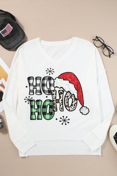 V-Neck Christmas Graphic High-Low Design Long Sleeve Top - AFFORDABLE MARKET