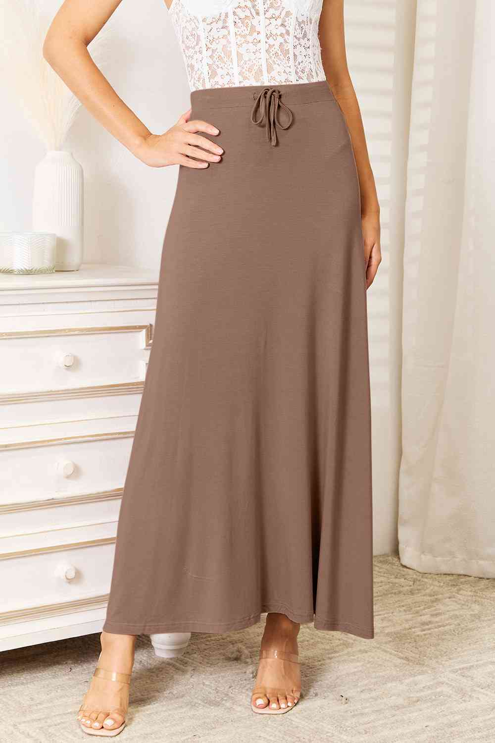 Double Take Full Size Soft Rayon Drawstring Waist Maxi Skirt Rayon - AFFORDABLE MARKET