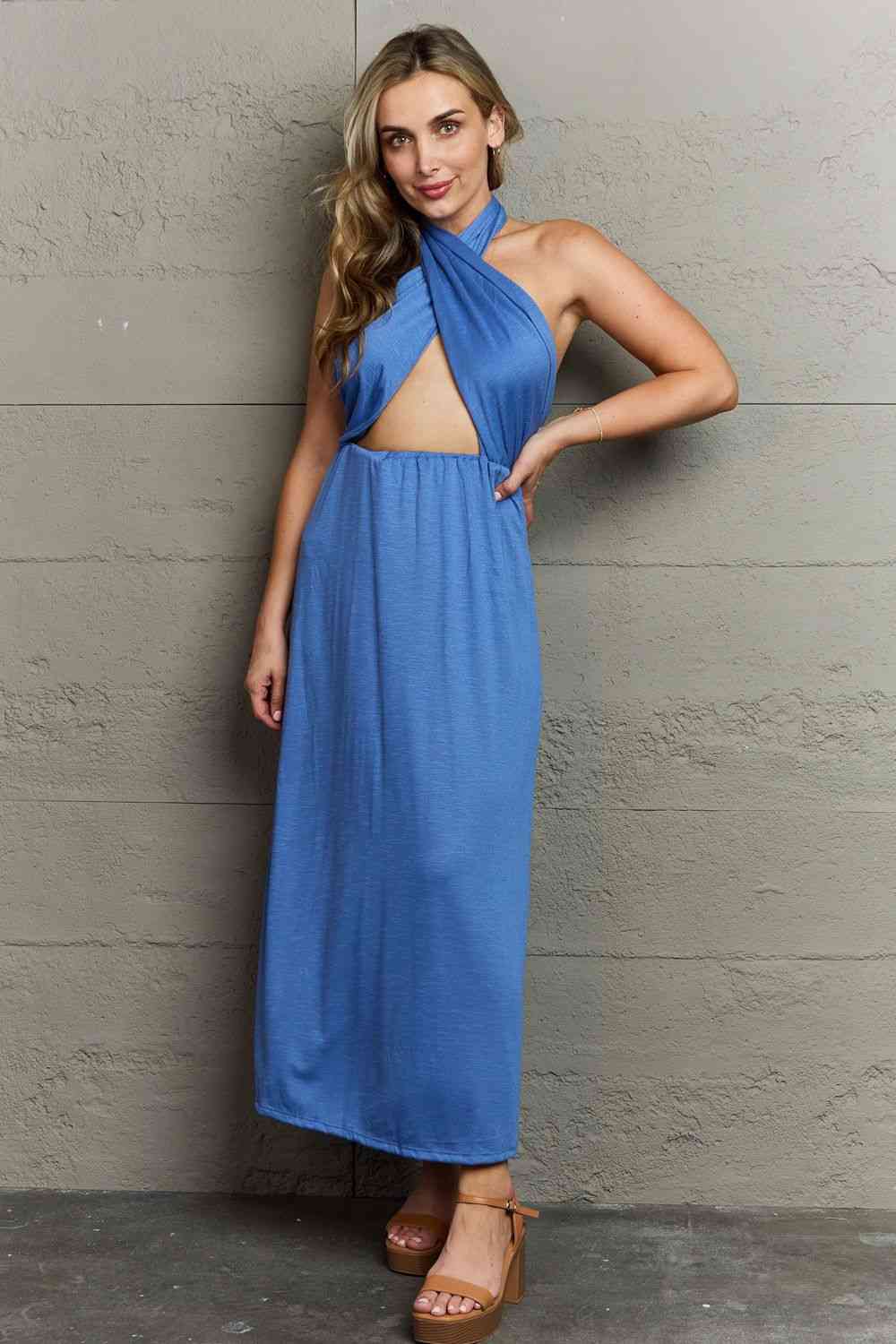 Ninexis Know Your Worth Criss Cross Halter Neck Maxi Dress - AFFORDABLE MARKET
