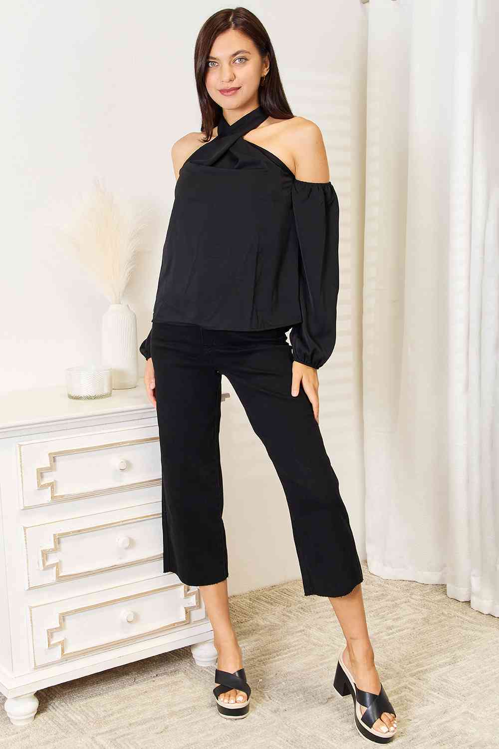 Double Take Grecian Cold Shoulder Long Sleeve Blouse - AFFORDABLE MARKET