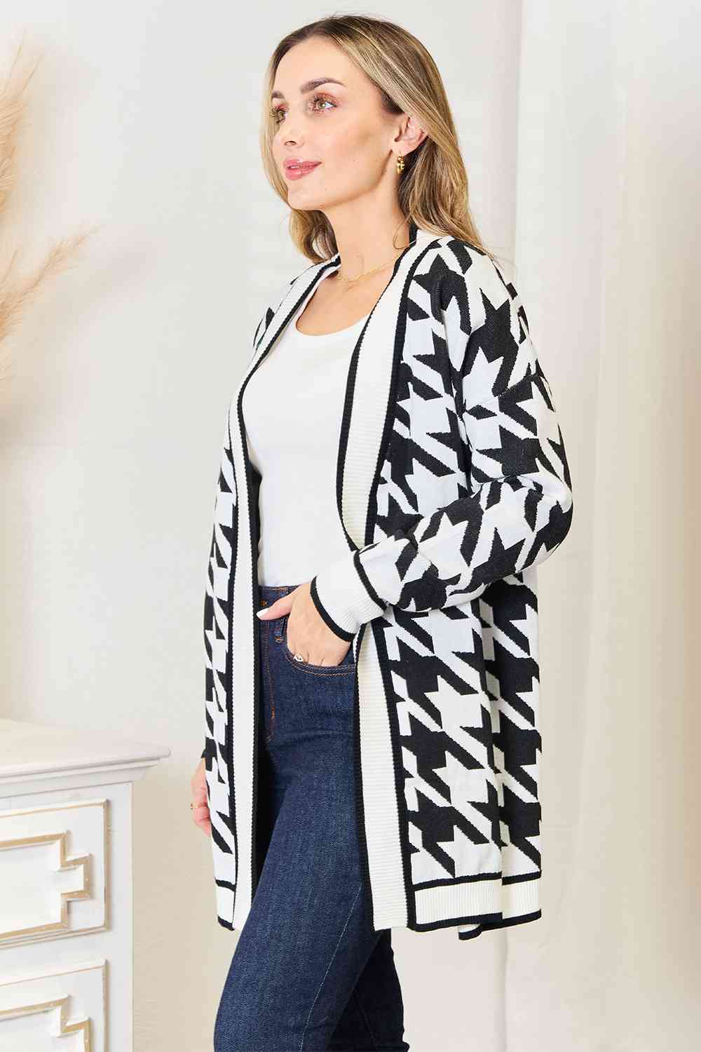 Woven Right Houndstooth Open Front Longline Cardigan - AFFORDABLE MARKET