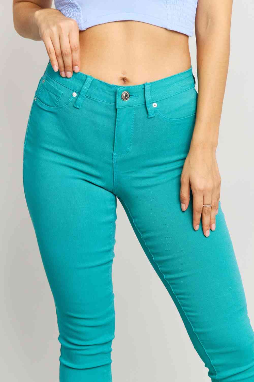 YMI Jeanswear Kate Hyper-Stretch Full Size Mid-Rise Skinny Jeans in Sea Green - AFFORDABLE MARKET