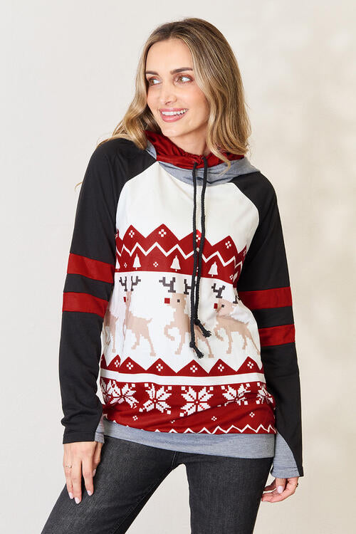 Double Take Full Size Christmas Drawstring Long Sleeve Hoodie - AFFORDABLE MARKET