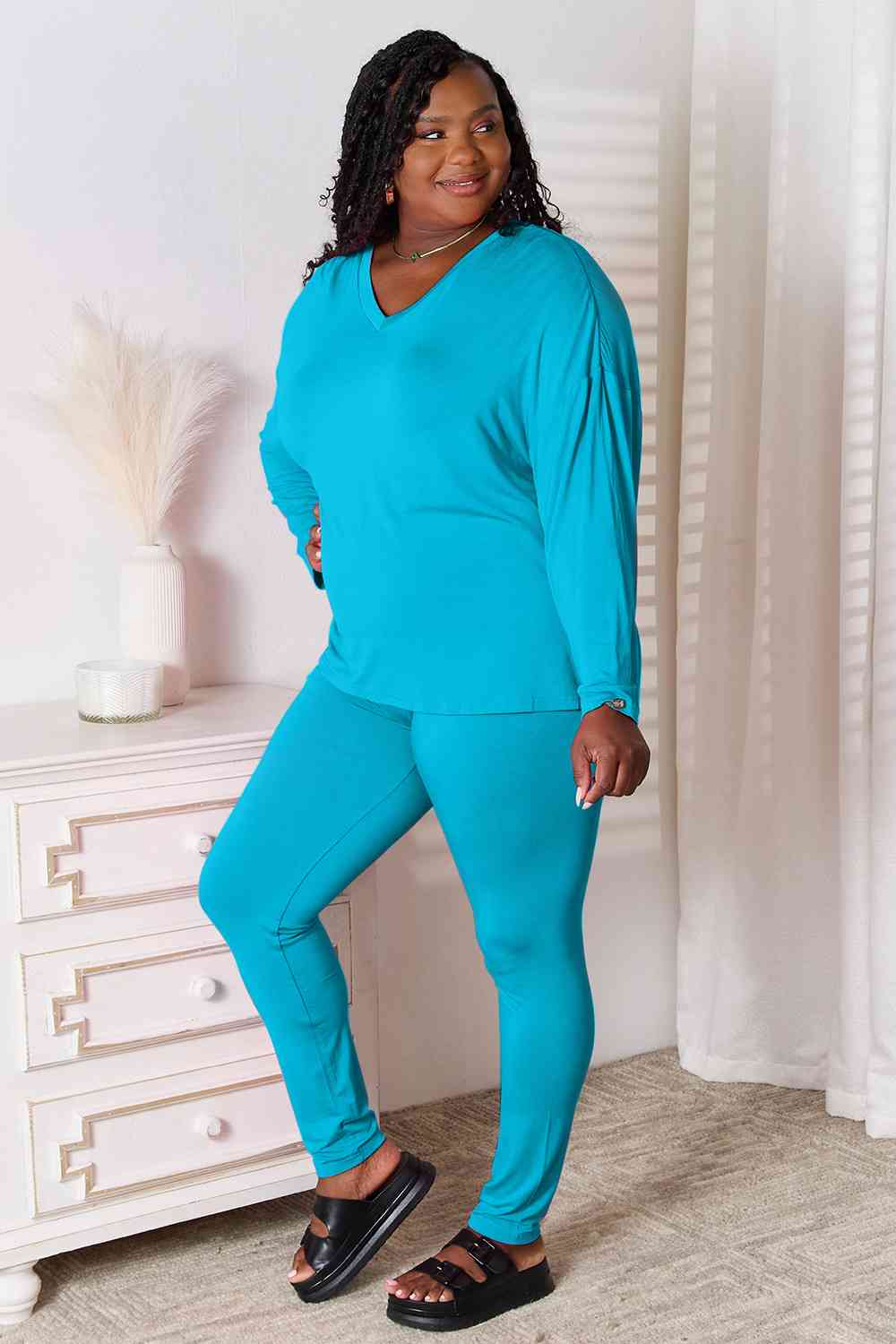 Basic Bae Full Size V-Neck Soft Rayon Long Sleeve Top and Pants Lounge Set - AFFORDABLE MARKET