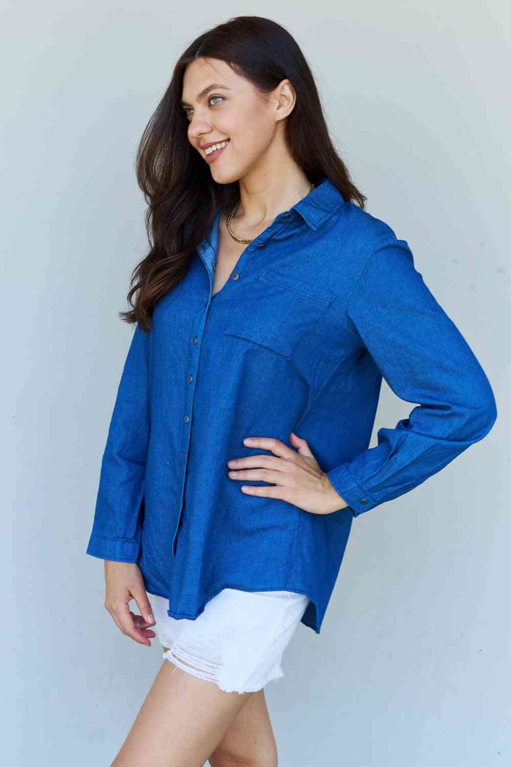 Doublju Blue Jean Baby Denim Button Down Shirt Top in Dark Blue - AFFORDABLE MARKET