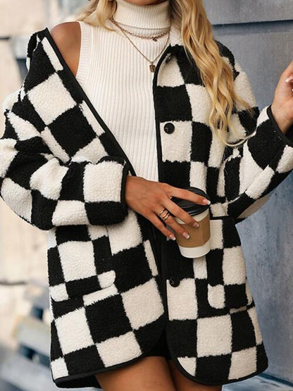 Double Take Full Size Checkered Button Front Coat with Pockets - AFFORDABLE MARKET