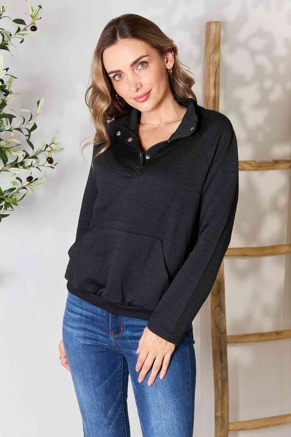 Double Take Half Buttoned Collared Neck Sweatshirt with Pocket - AFFORDABLE MARKET