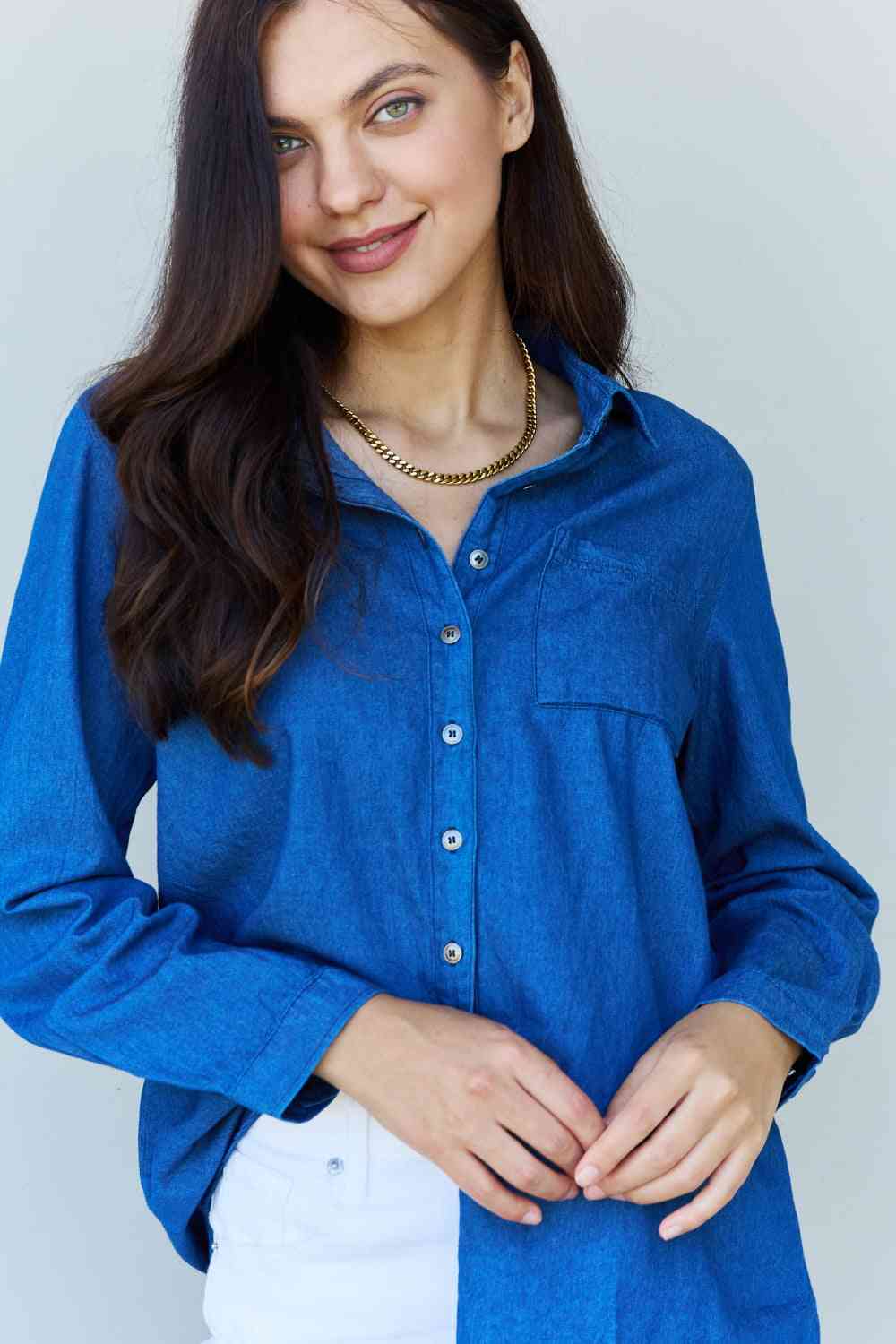 Doublju Blue Jean Baby Denim Button Down Shirt Top in Dark Blue - AFFORDABLE MARKET