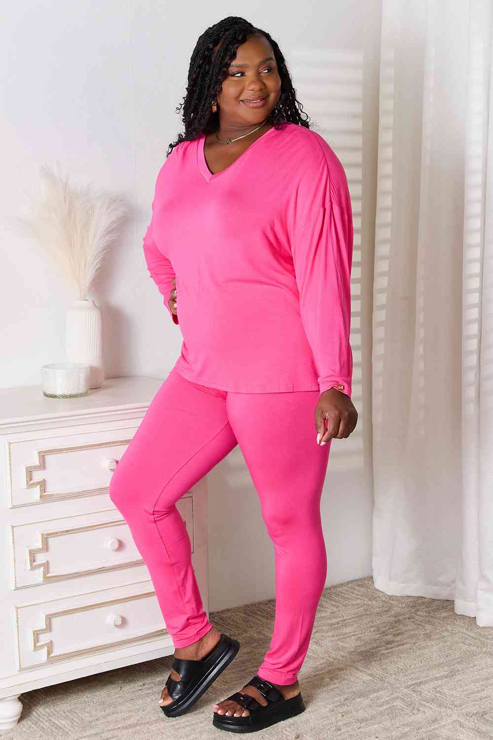 Basic Bae Full Size V-Neck Soft Rayon Long Sleeve Top and Pants Lounge Set - AFFORDABLE MARKET