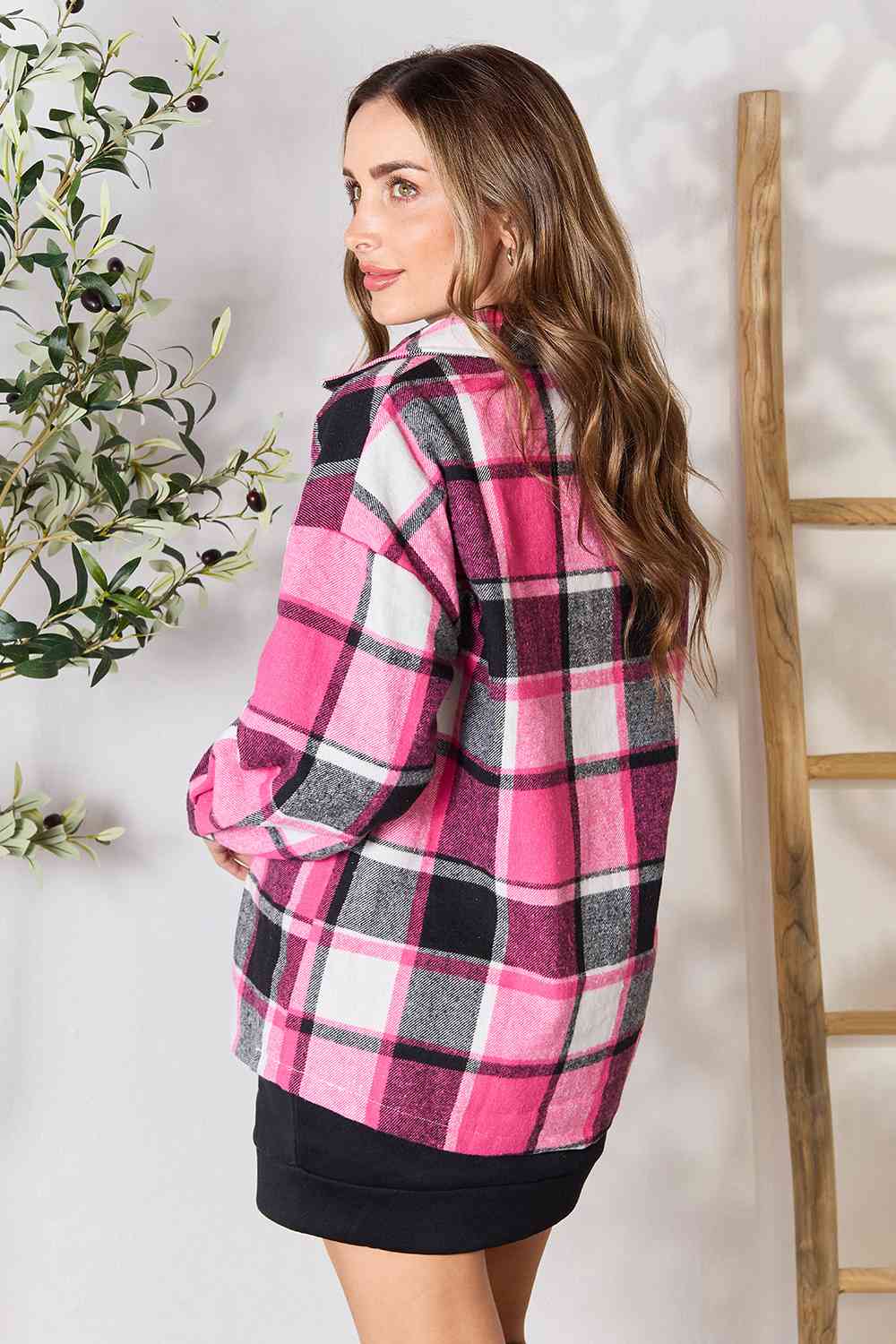 Double Take Plaid Button Up Collared Neck Jacket - AFFORDABLE MARKET