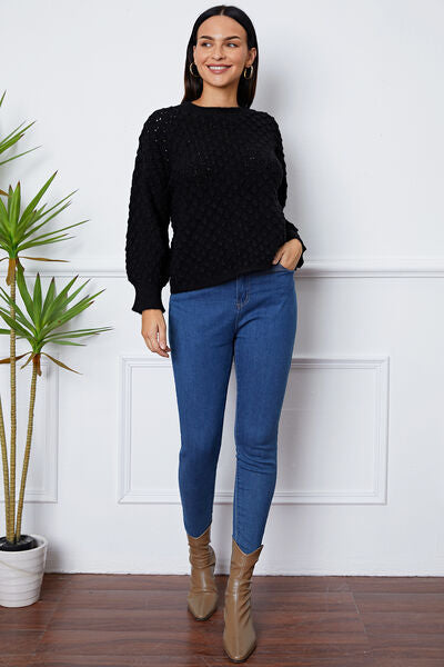 Openwork Round Neck Long Sleeve Sweater - AFFORDABLE MARKET