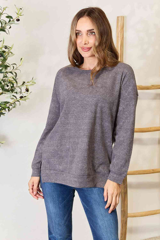 Basic Bae Round Neck Drop Shoulder Slit Sweatshirt - AFFORDABLE MARKET