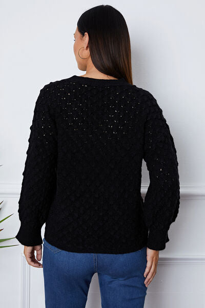 Openwork Round Neck Long Sleeve Sweater - AFFORDABLE MARKET