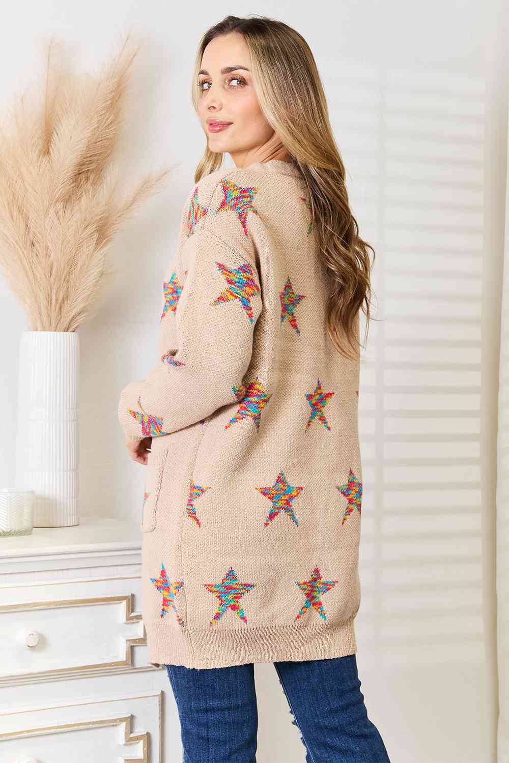 Double Take Star Pattern Open Front Longline Cardigan - AFFORDABLE MARKET