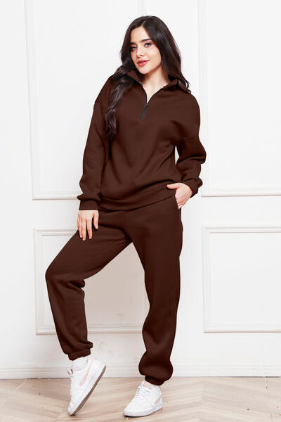 Half Zip Long Sleeve Sweatshirt and Pants Set - AFFORDABLE MARKET