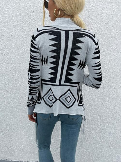 Geometric Fringe Hem Open Front Cardigan - AFFORDABLE MARKET