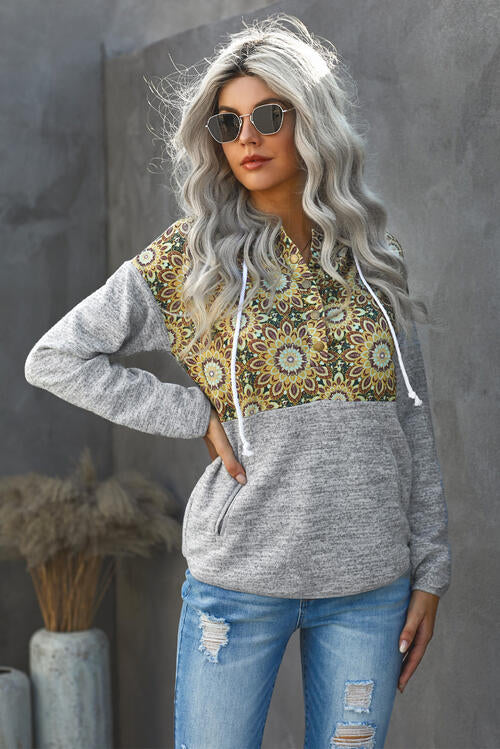 Floral Drawstring Half Snap Hoodie - AFFORDABLE MARKET