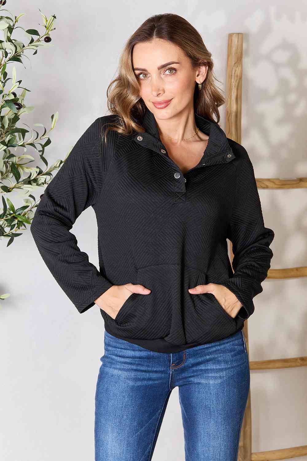 Double Take Half Buttoned Collared Neck Sweatshirt with Pocket - AFFORDABLE MARKET